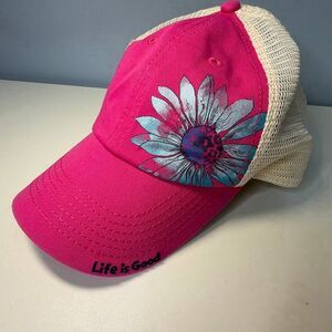 Life is Good Baseball Cap Hat Pink Flower Adjustable back